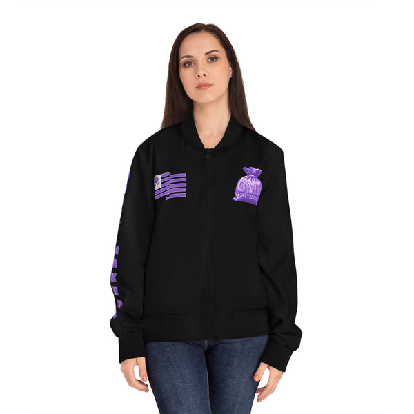 Purple Green Meanie Graphic Women's Bomber Jacket - Stylish Outerwear for Trendsetters