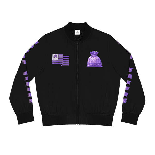 Purple Green Meanie Graphic Women's Bomber Jacket - Stylish Outerwear for Trendsetters